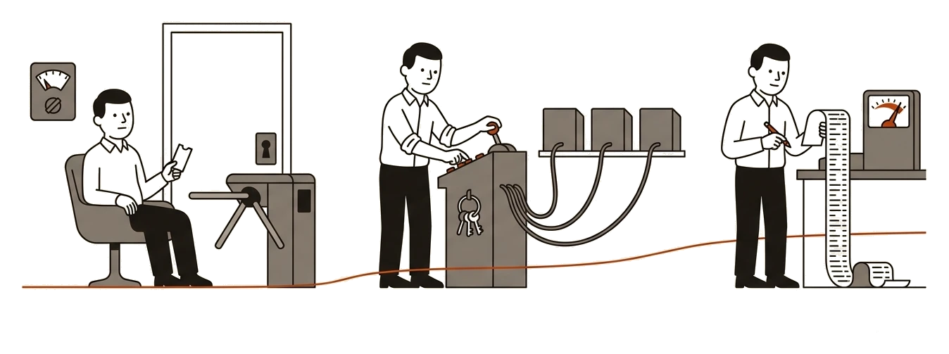 A seated user at a gate, an operator at a switchboard, and a buyer reading a long receipt from a meter